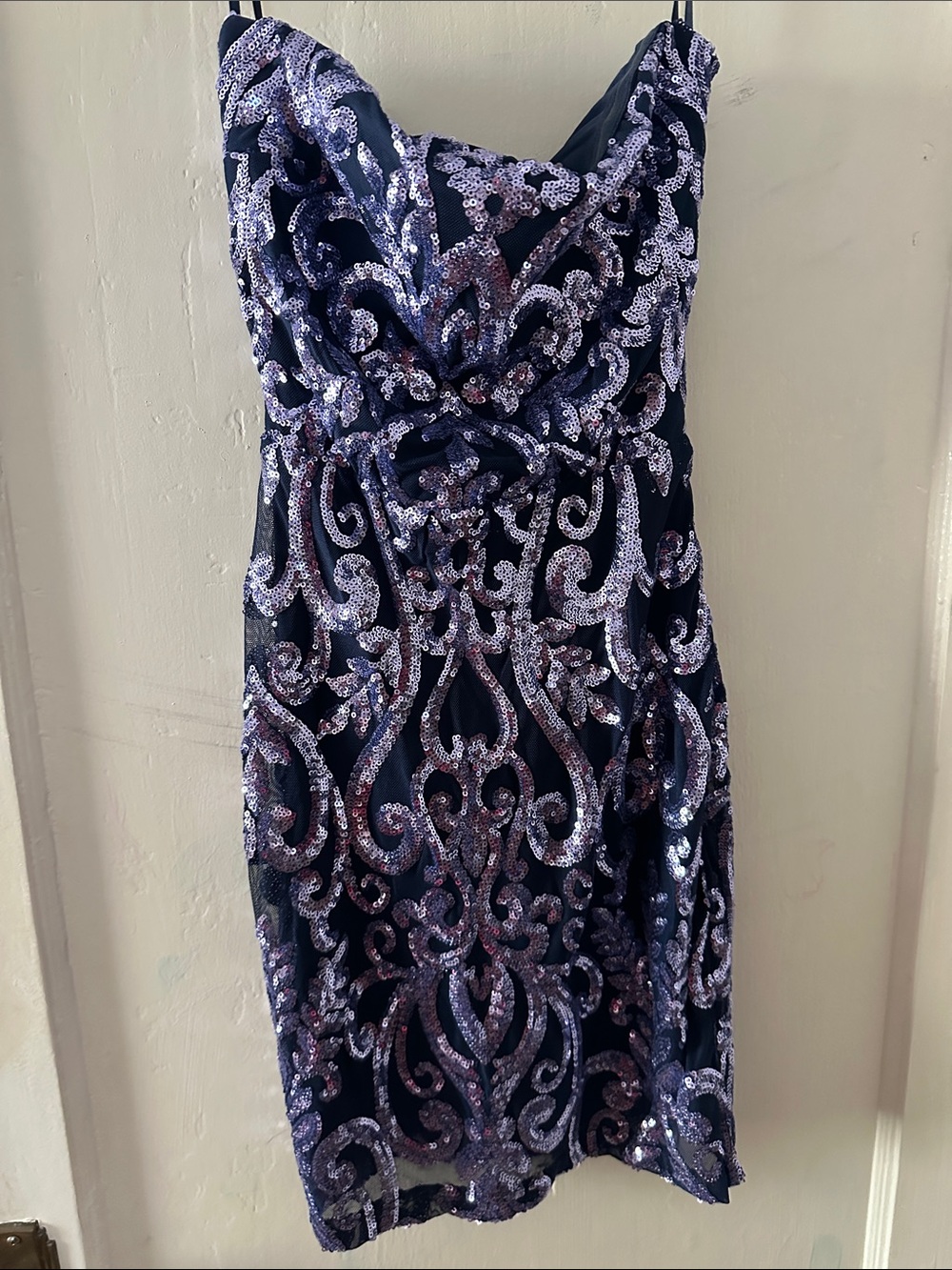 Windsor Navy Sequin Strapless Sheath Dress